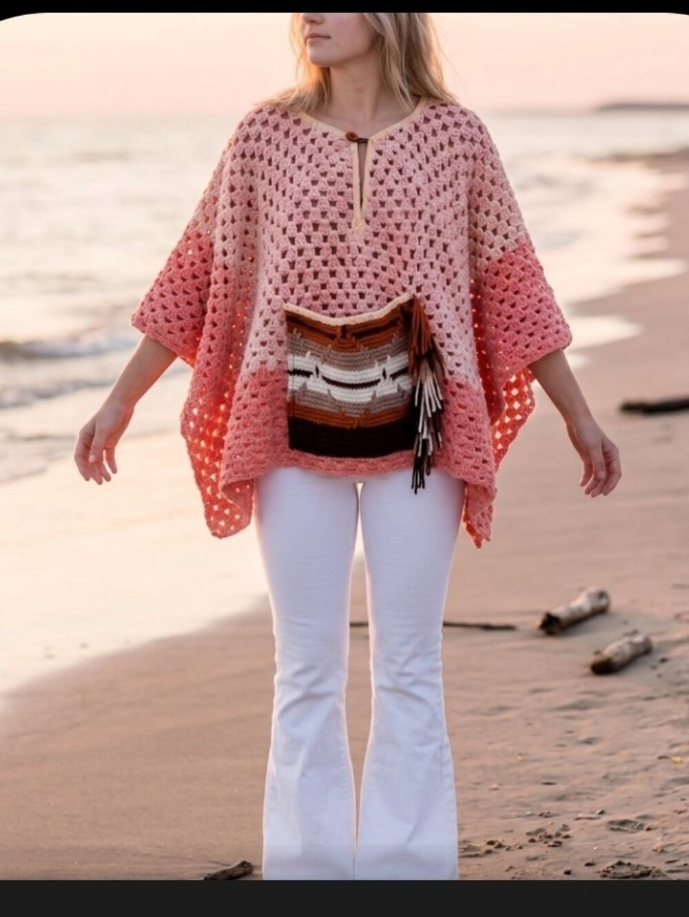 Upcycled afghan blanket poncho cape S-M peach handmade
